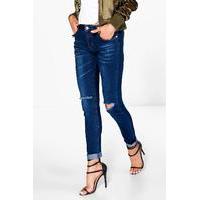 Indigo Wash Mid Rise Knee Slit Skinny Jeans - indigo