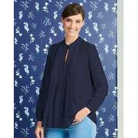 indigo stand collar pleat front blouse