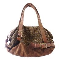 Irregular Choice Tonal Brown and Gold Woven Slouch Handbag with Rabbit Print Base