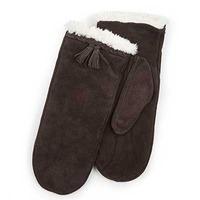 Isotoner Laides Suede Mitten with Plait & Tassles Chocolate Large