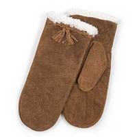 Isotoner Laides Suede Mitten with Plait & Tassles Tan Small