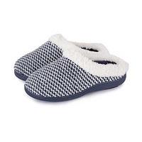 Isotoner Ladies Knitted Swept Back Mule Slippers with Fur Cuff Navy/Cream UK Size 4