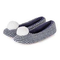 Isotoner Ladies Knitted Ballet with Pom Pom Slippers Navy/Cream UK Size 6