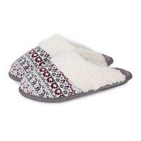 Isotoner Ladies Fair Isle Swept Back Mule Slippers Grey/Burgundy UK Size 4