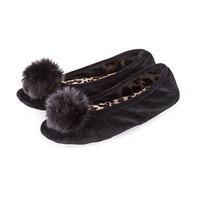 Isotoner Velour Ballerina Slippers with Pom Pom Slippers Black with Panther XL (UK 7-8)