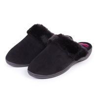 Isotoner Ladies Heeled Velour Mule With Fur Cuff Slippers Black with Stripe Inner UK Size 7