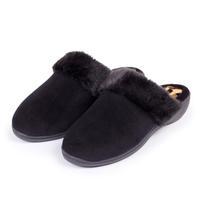 Isotoner Ladies Heeled Velour Mule With Fur Cuff Slippers Black with Animal UK Size 5