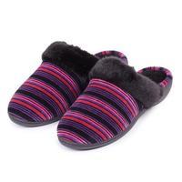 Isotoner Ladies Heeled Velour Mule With Fur Cuff Slippers Stripe with Black inner UK Size 7