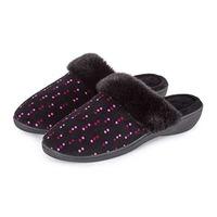 Isotoner Ladies Heeled Velour Mule With Fur Cuff Slippers Dotty Print UK Size 6