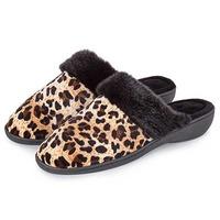 Isotoner Ladies Heeled Velour Mule With Fur Cuff Slippers Panther with Black UK Size 4
