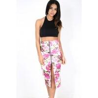 Isabel Floral Print Front Metal Zip Midi Skirt