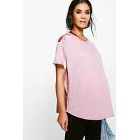 isabella satin trim ribbed top blush