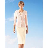 Italian Jacquard Jacket, Iced Peach Mix, Size 08, 55% polyester, 25% viscose, 17% linen, 3% metallic fibre.