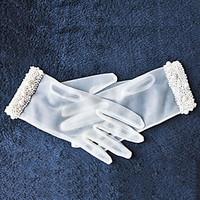 Ivory Tulle Fingertips Wrist Length Wedding Gloves with Imitation Pearls