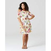 ivory floral cut out shoulder dress