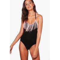 ivy contrast fringe halterneck bodysuit black