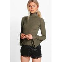 ivy bell sleeve frill edge top khaki