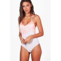 Ivy Contrast Fringe Halterneck Bodysuit - white