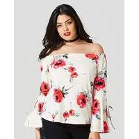 ivory print flared sleeve bardot top