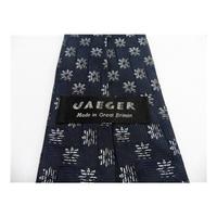 Jaeger Designer Silk Tie, Navy With Silver Flower Design