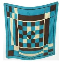 Jaeger Vintage Large Teal Silk Scarf With Black And White Geometric Pattern And Rolled Edges