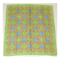 Jacqmar Vintage Green Silk Scarf With Blue And Camel Floral Design And Rolled Edges