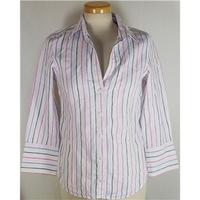 jaeger size 8 white with purplepinkblack stripe long sleeved shirt