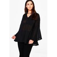 Jane Keyhole Detail Flute Sleeve Blouse - black