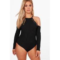 Jane Eyelet Detail Ribbed Bodysuit - black