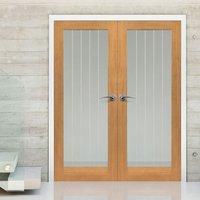 JBK River Oak Thames 1 Light Prefinished Door Pair & Etched Lines on Clear Glass