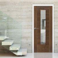 JB KIND Brisa Mistral Flush Walnut Veneered Door with Clear Safety Glass, Decorative Grooves and Pre-finished