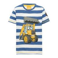 JCB boys cotton rich short sleeve blue and white stripe Joey character print badge t-shirt - Denim Blue