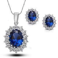 Jewelry Set Stud Earrings Pendant Necklaces Sapphire Fashion European Elegant Gemstone Cubic Zirconia Rhinestone Oval BlueNecklaces