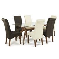 jenson glass dining table with 6 ameera chairs in faux leather