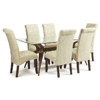 jenson glass dining table with 6 ameera chairs in floral cream