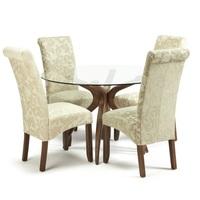 jenson glass dining table with 4 ameera chairs in floral cream