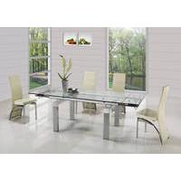 jessi clear extendable dining table with 6 g501 cream chairs