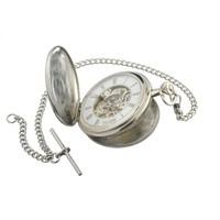 Jean Pierre chrome-plated twin lid skeleton pocket watch