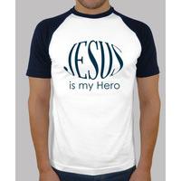 jesus is my hero t-shirt and blue baseball style white man