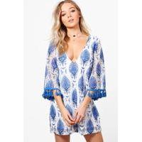 jen wide fringe sleeve shift dress blue