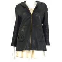 Jet Black Leather Jacket with Two Front Pockets and Gold Zip Detailing and Hood