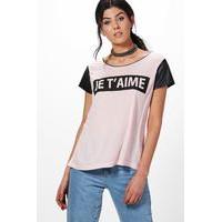 Je T\'aime Print T-Shirt With PU Sleeves - baby pink