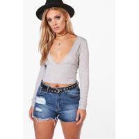 Jessica Ribbed Plunge Neck Top - grey