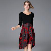 JOJO HANS Women\'s Casual/Daily Simple A Line DressJacquard V Neck Asymmetrical Sleeve Black Cotton / Polyester Fall Mid Rise Inelastic Medium