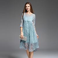 JOJO HANS Women\'s Going out Cute Loose DressFloral Round Neck Midi Length Sleeve Blue Pink Polyester Spring Summer Mid Rise Micro-elastic Medium