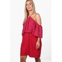 josie open shoulder lace ruffle swing dress berry