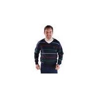 Jumper with V-shaped Neck, navy blue striped, in various sizes River Creek