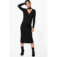 Julia Choker Ribbed Long Sleeve Midi Dress - black