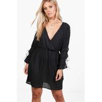 Jules Lace Up Sleeve Woven Wrap Dress - black