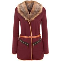 Juliette Fur Collar Belted Cardigan - Wine